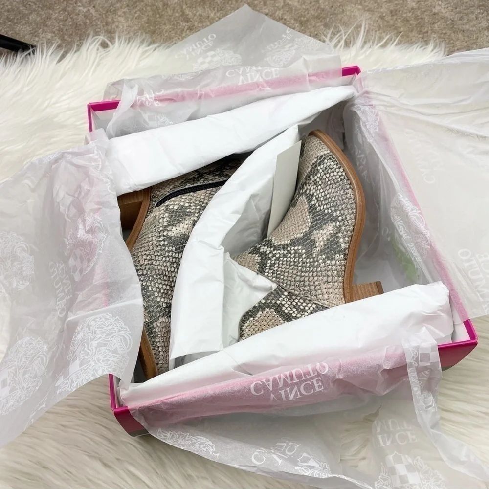 New Vince Camuto Arendara Snake Print Leather Booties in Warm Roccia